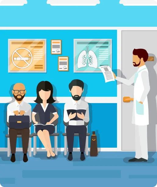 Clinic waiting area with patients of all ages and an attendant calling the next turn